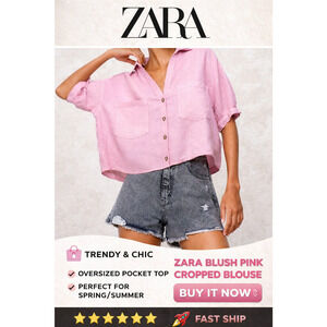 ZARA Blush Pink Cropped Button Front Blouse Oversized Pocket Top Women